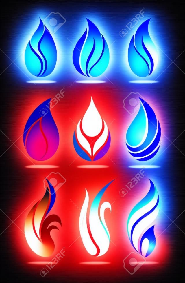 Simboli blu e rossi fuoco su vettore sfondo bianco