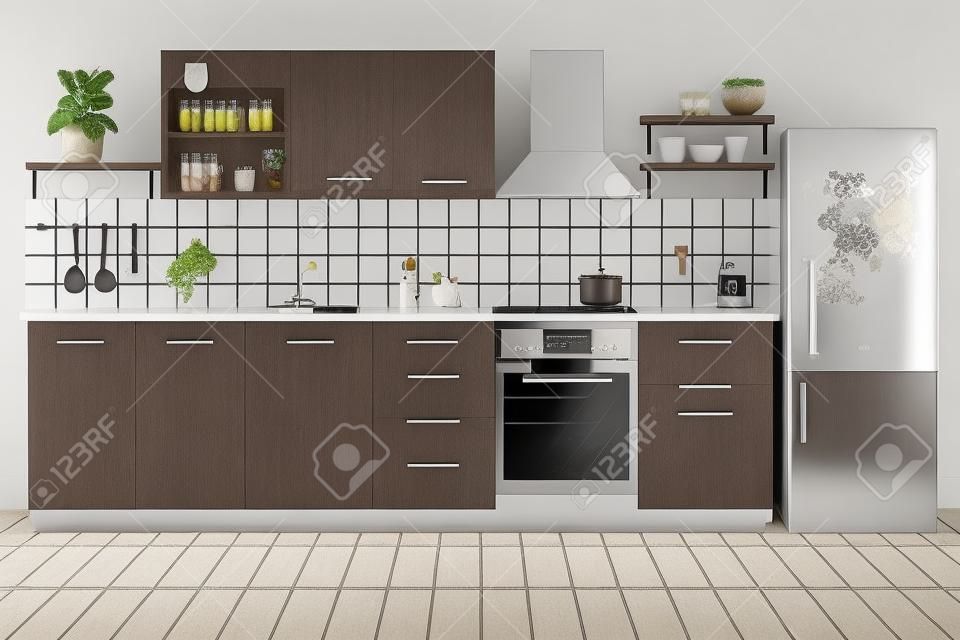 Flat style keuken design met koelkast, fornuis, lades en planken.