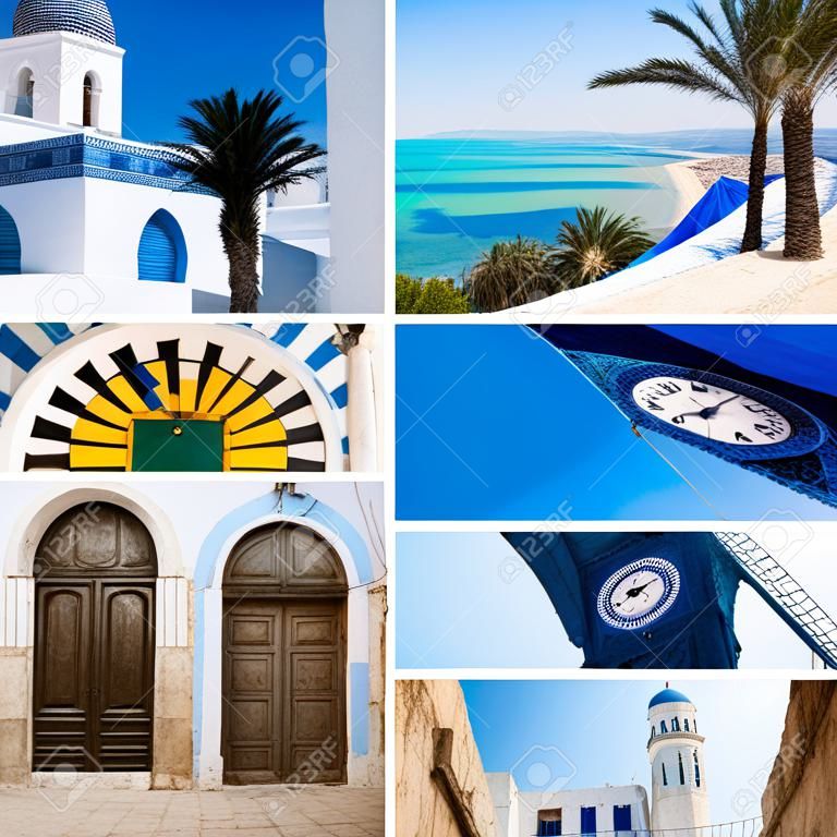 Kollázs készült gyönyörű felvételek a Tunisz város, a főváros Tunézia