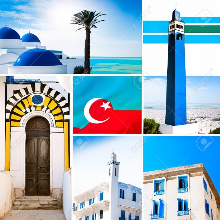 Kollázs készült gyönyörű felvételek a Tunisz város, a főváros Tunézia
