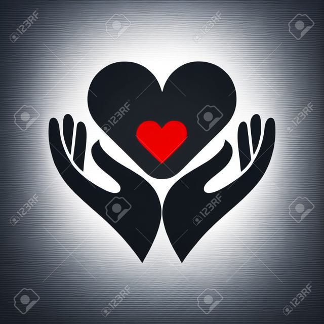 abstracto icono o emblema con las dos manos sosteniendo un corazón dentro de otro corazón, la salud, el concepto de la maternidad