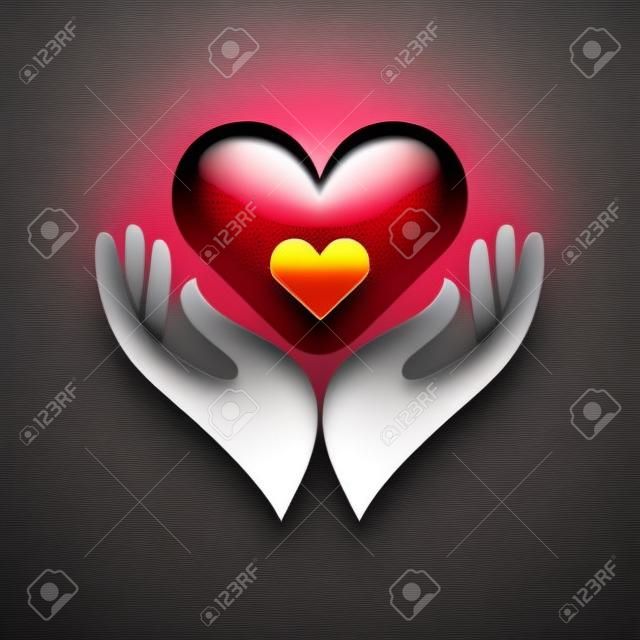 abstracto icono o emblema con las dos manos sosteniendo un corazón dentro de otro corazón, la salud, el concepto de la maternidad