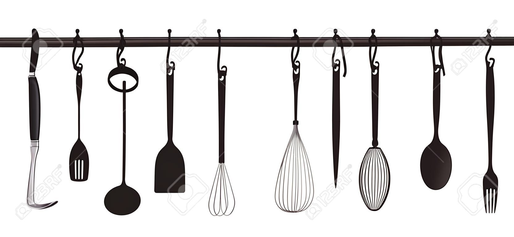 A collection kitchen utensils hanging on the chromed bar. Illustration