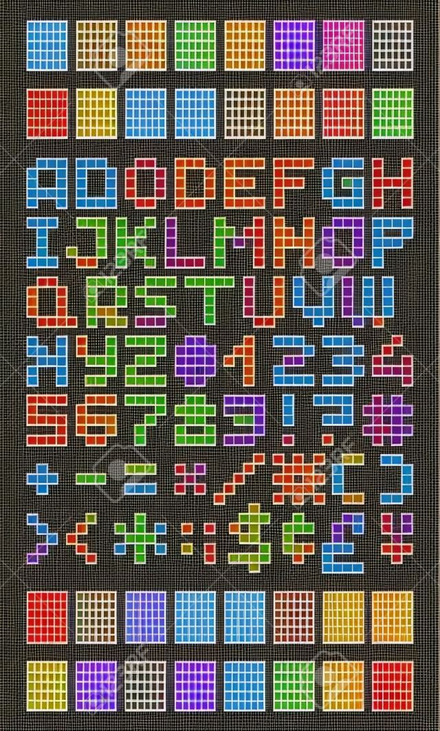 Pixel шрифта в 4x5 пикселей сетки, цифр и букв. - Векторная иллюстрация