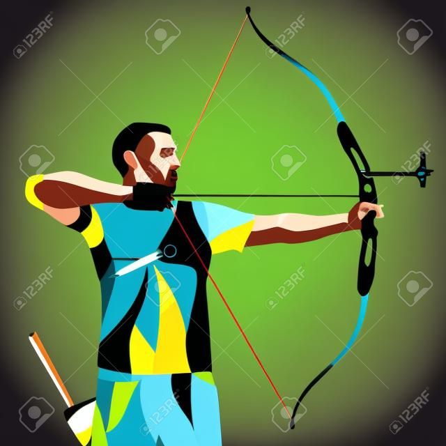 최신 유행의 그림에 양식에 일치시키는 운동, 아처, 스포츠 양궁, 양궁의 라인 벡터 실루엣