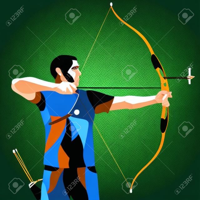 Trendy movimento stilizzato illustrazione, arciere, tiro con l'arco sportivo, la linea vettore silhouette di tiro con l'arco