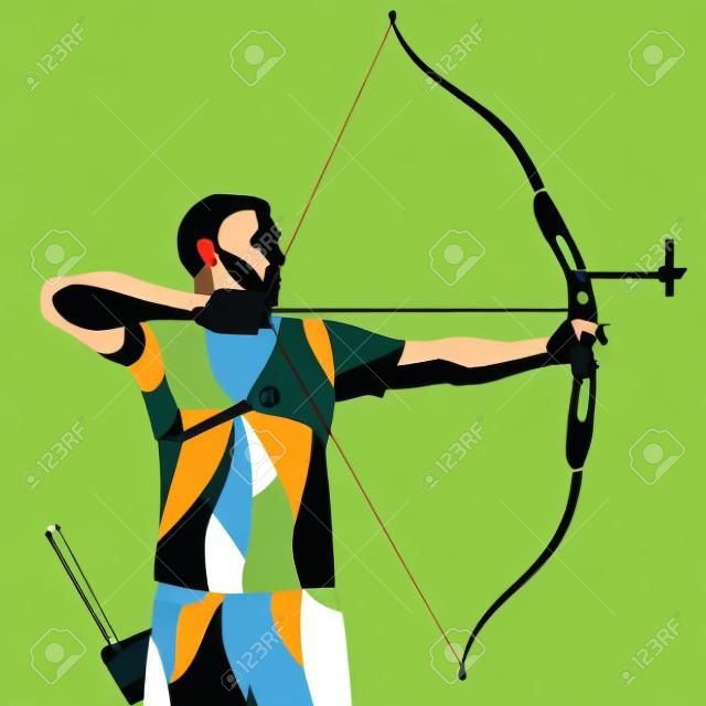 Movimento de ilustração estilizado na moda, arqueiro, tiro com arco esportivo, silhueta de vetor de linha de tiro com arco