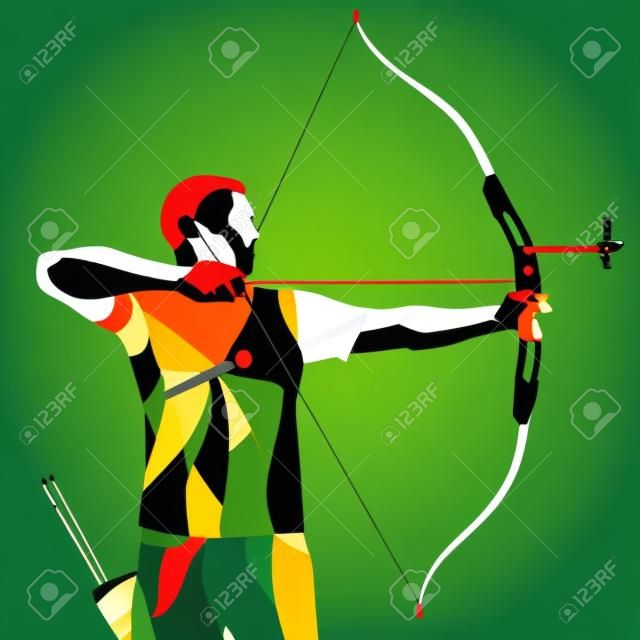 Модные стилизованное движение иллюстрации, лучник, спортивная стрельба из лука, линия вектор силуэт стрельбы из лука