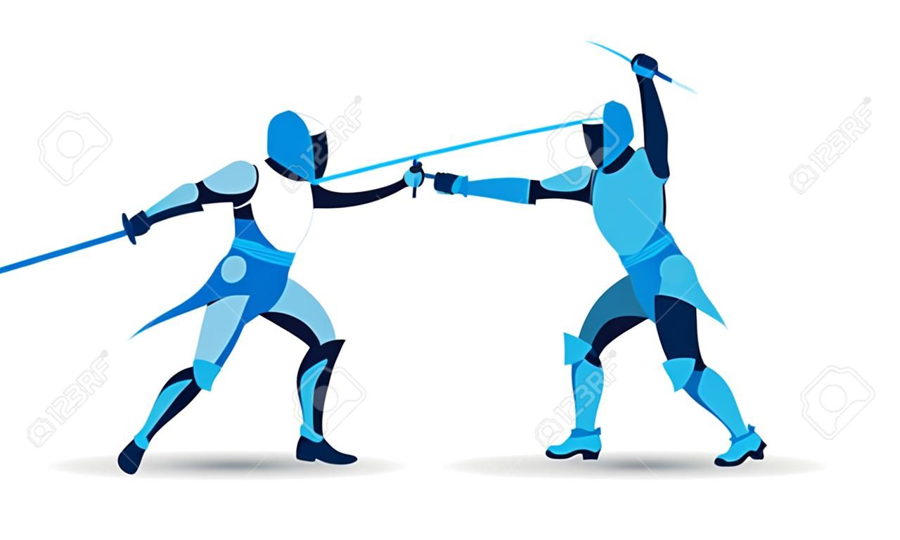 Trendy stylized illustration movement, fencing, line vector silhouette of fencing mans
