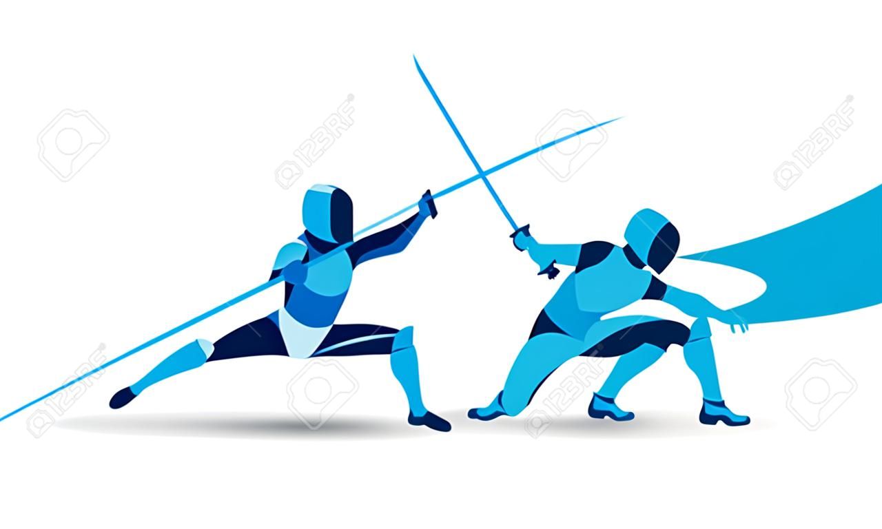 Trendy stylized illustration movement, fencing, line vector silhouette of fencing mans