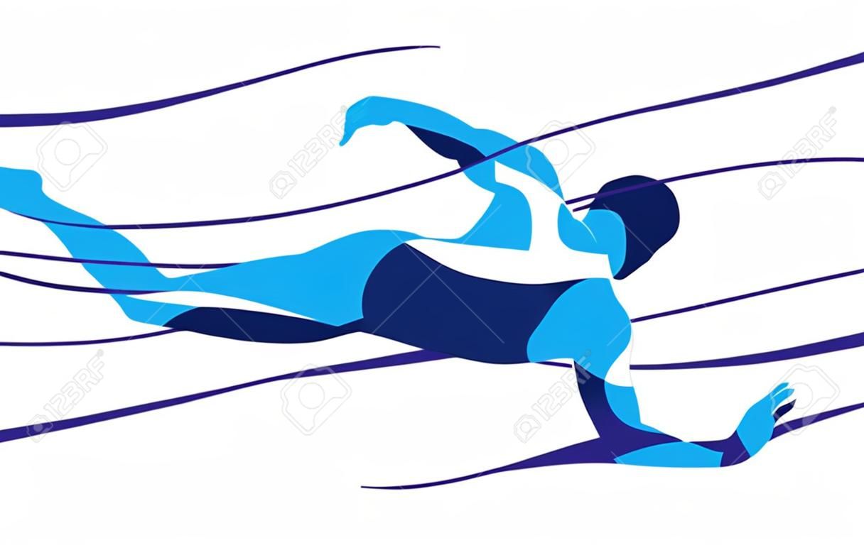 Trendy stylized illustration movement, freestyle swimmer, line vector silhouette of freestyle swimmer. Sport swimming.