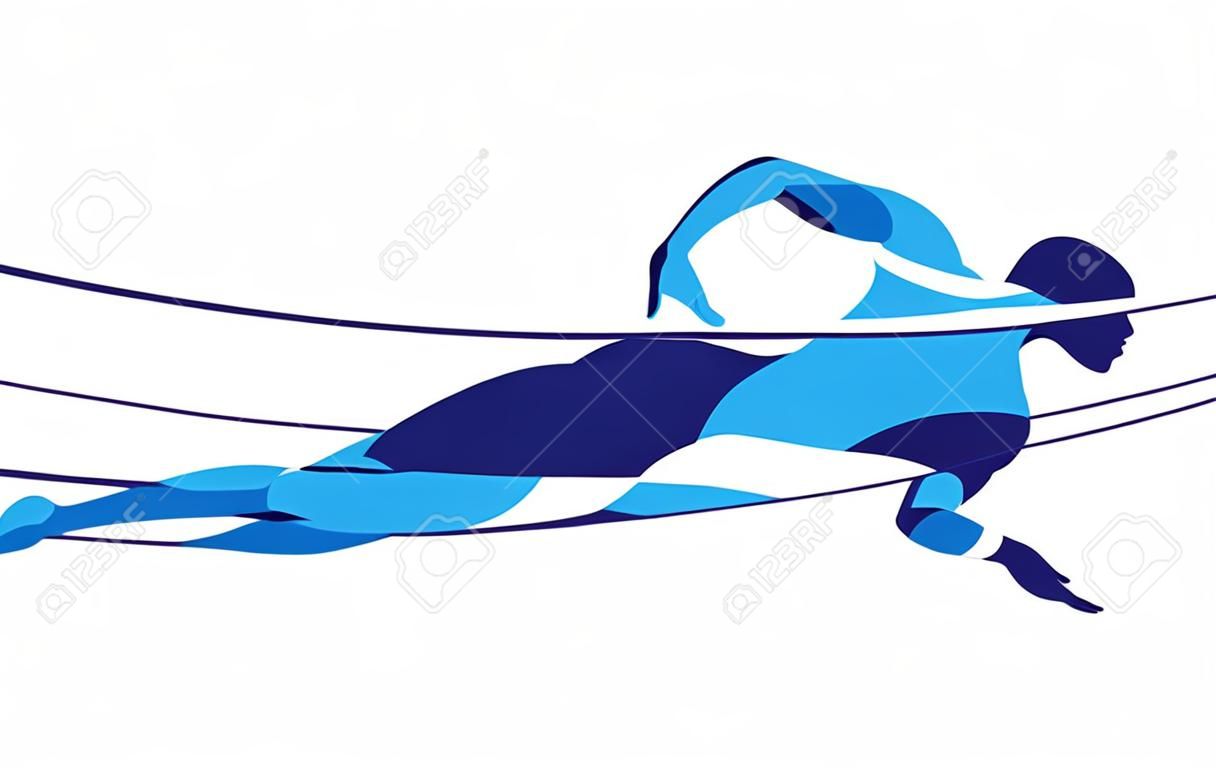 Trendy gestileerde illustratie beweging, freestyle zwemmer, lijn vector silhouet van freestyle zwemmer. Sport zwemmen.