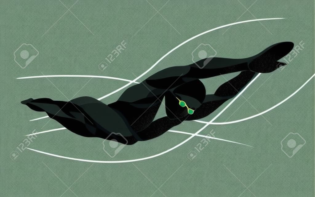 Moda movimiento de ilustración estilizada, nadador de estilo libre, línea de silueta de vector de nadador de estilo libre. deporte de la natación.