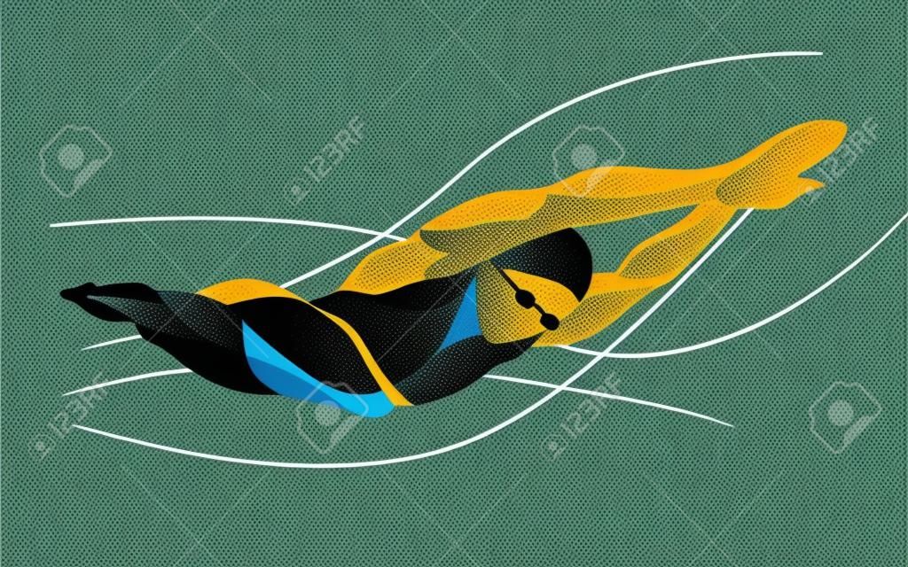 时尚程式化插画运动自由泳泳线矢量剪影自由泳游泳运动员游泳