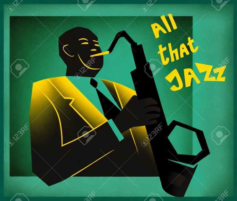 Retro jazz zene koncepció, szaxofon férfi, régi iskola illusztráció a reklám, poszterek és a fedezd Jazz Fesztivál