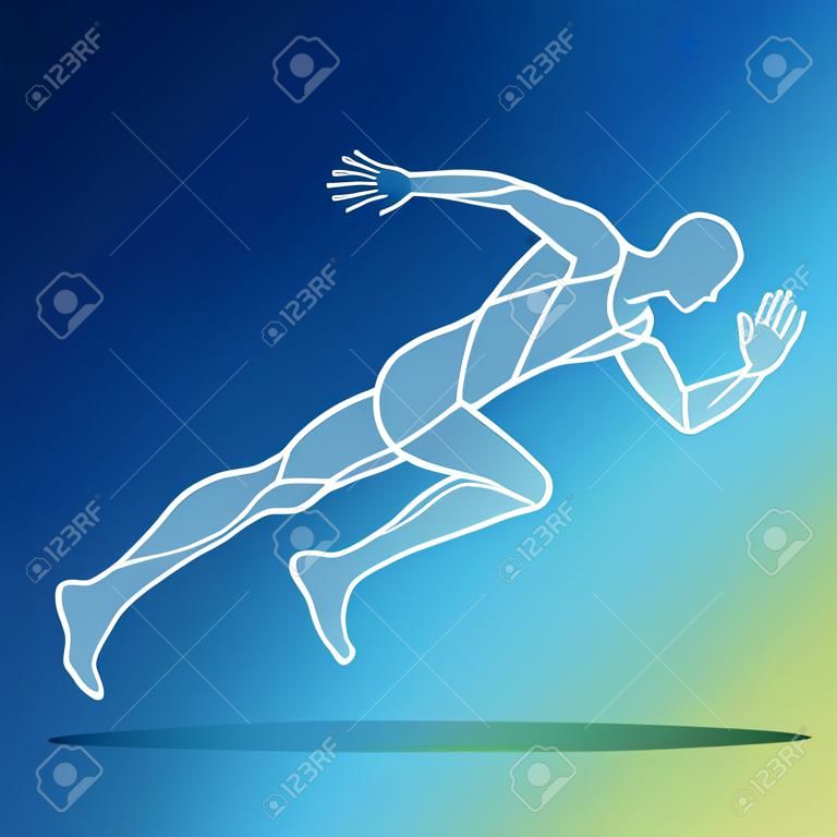 Trendy stylized illustration movement, running man, line art vector silhouette of running man, isolated on gradient background