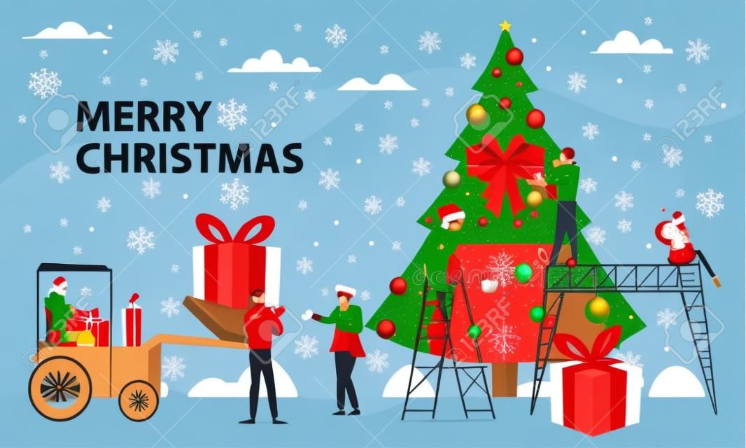 Ingegneria e sviluppo di business concetto di Natale illustrazione vettoriale, con persone che decorano un albero di Natale e consegnano grandi scatole regalo. Manifesto delle vacanze sull'edilizia e sul tema aziendale