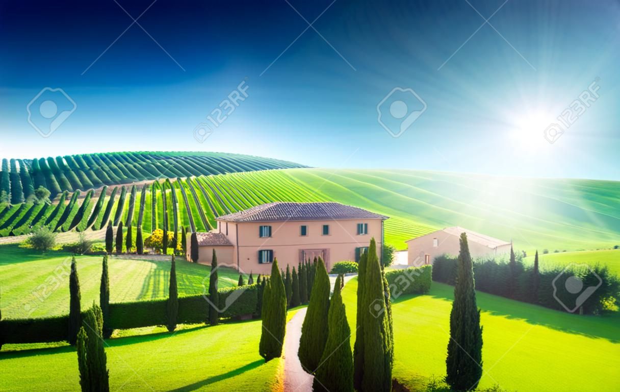 Tuscany landscape with typical farm house, Italty 