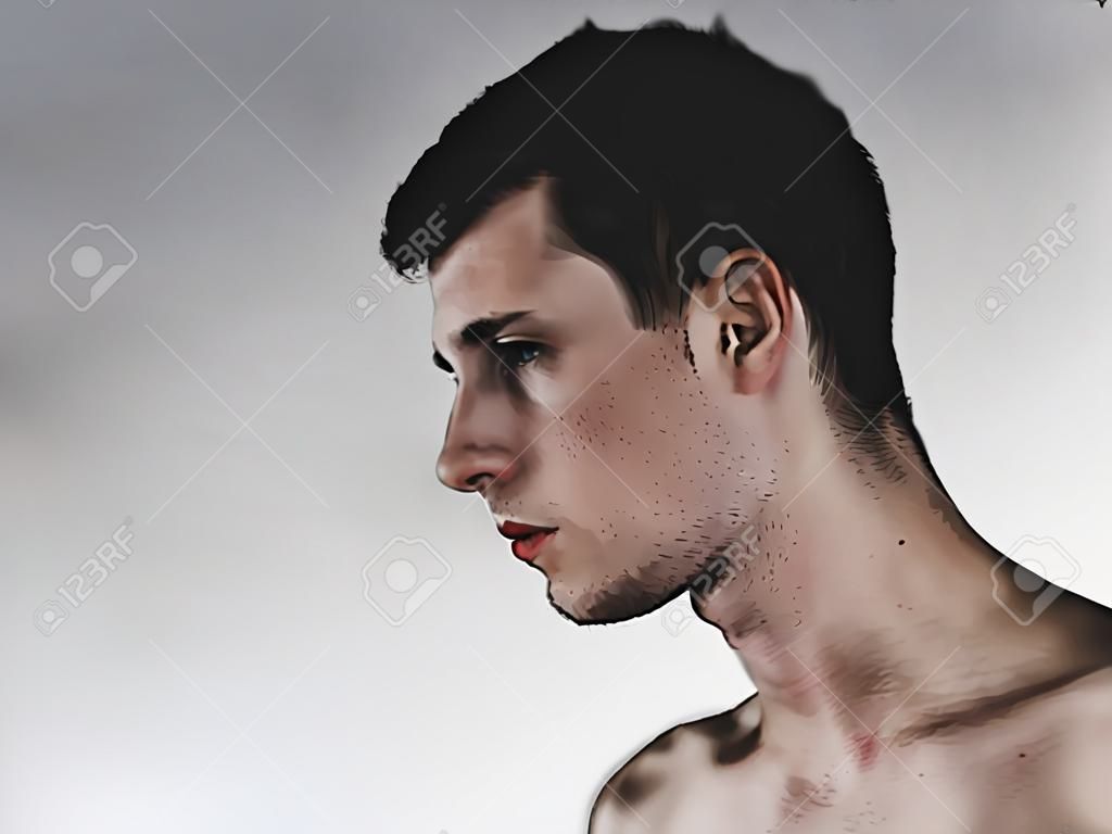 Side view depressed male looking directly. Copy space. Gloomy dude concept. Close up