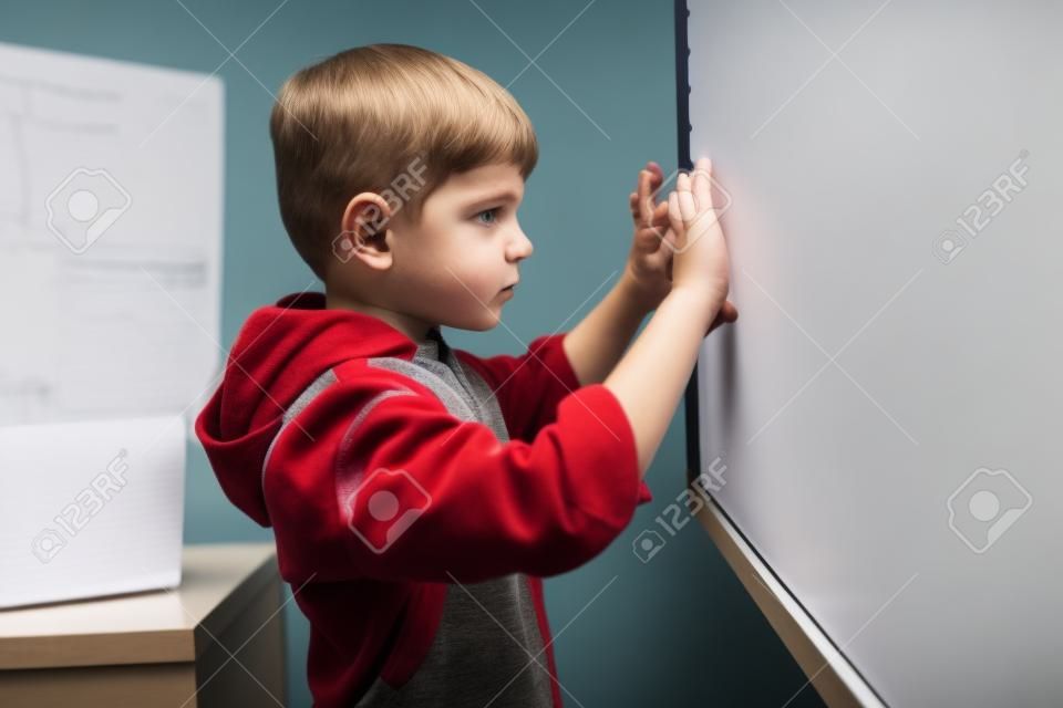 Serious caucasian boy looking attentively at the whiteboard