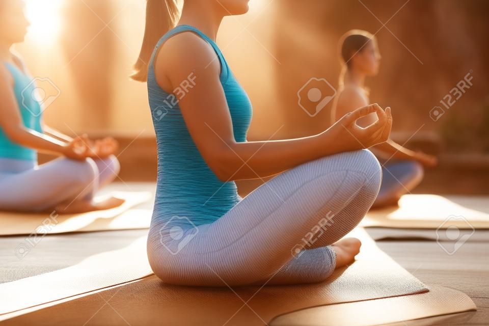 Gruppe von menschen, die auf yogamatten im lotussitz trainieren