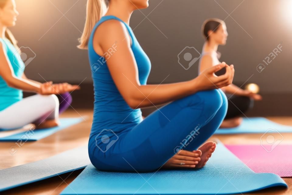 Gruppe von menschen, die auf yogamatten im lotussitz trainieren