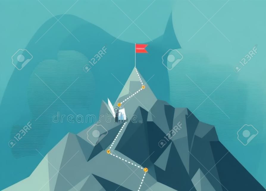 Mountain climbing route to peak. Business journey path in progress to peak of success. Climbing road to top. Vector illustration