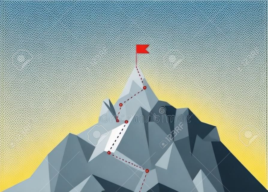 Itinerario di alpinismo verso la vetta. Percorso di viaggio aziendale in corso per raggiungere l'apice del successo. Strada di arrampicata verso l'alto. Illustrazione vettoriale