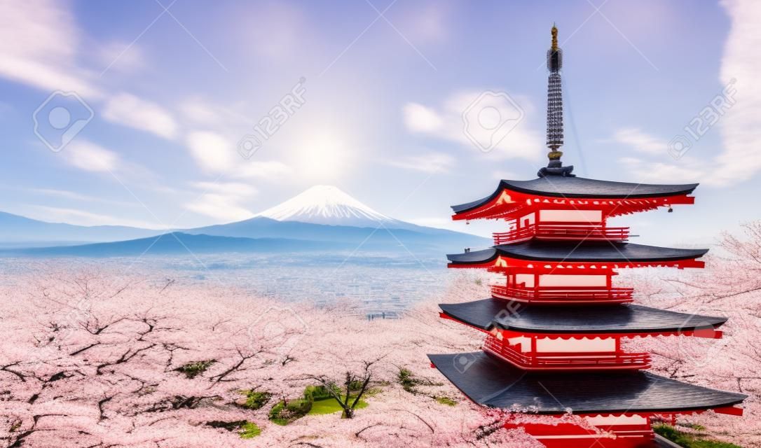 Chureito Pagoda and Sakura Trees with Fuji-san Background in Spring
