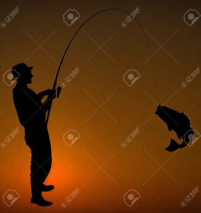 Fischer fing einen Fisch silhouette