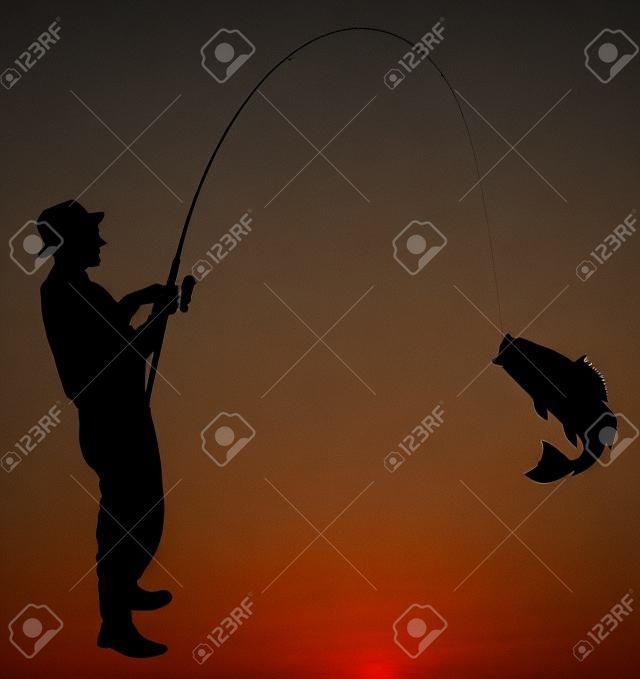 Fischer fing einen Fisch silhouette