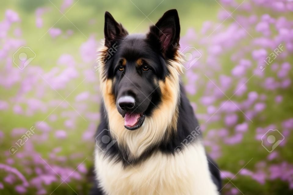 noir et crème à la crème allemande allemand chien de berger . close-up mignon chihuahua assis en fleurs
