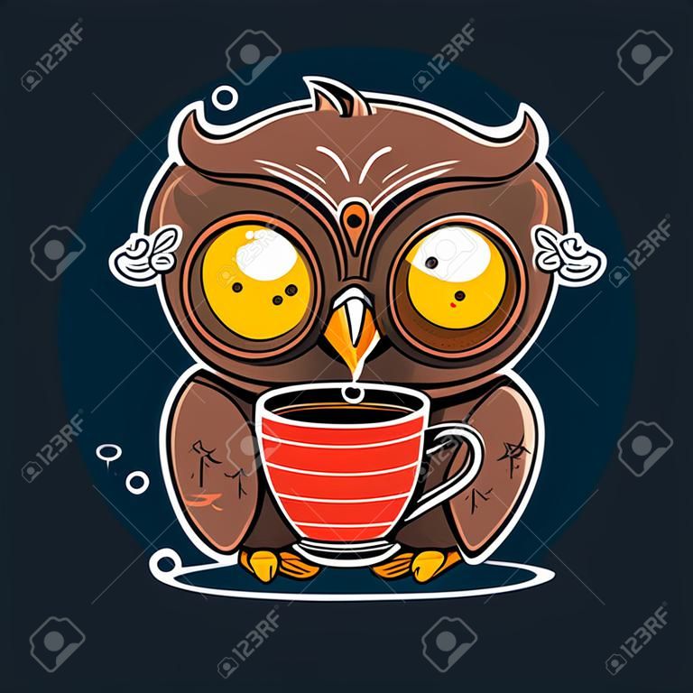 Owl Drinking Coffee And Can't Sleep Vector Flat Style Illustration Suitable For Greeting Card, Poster Or T-shirt Printing.