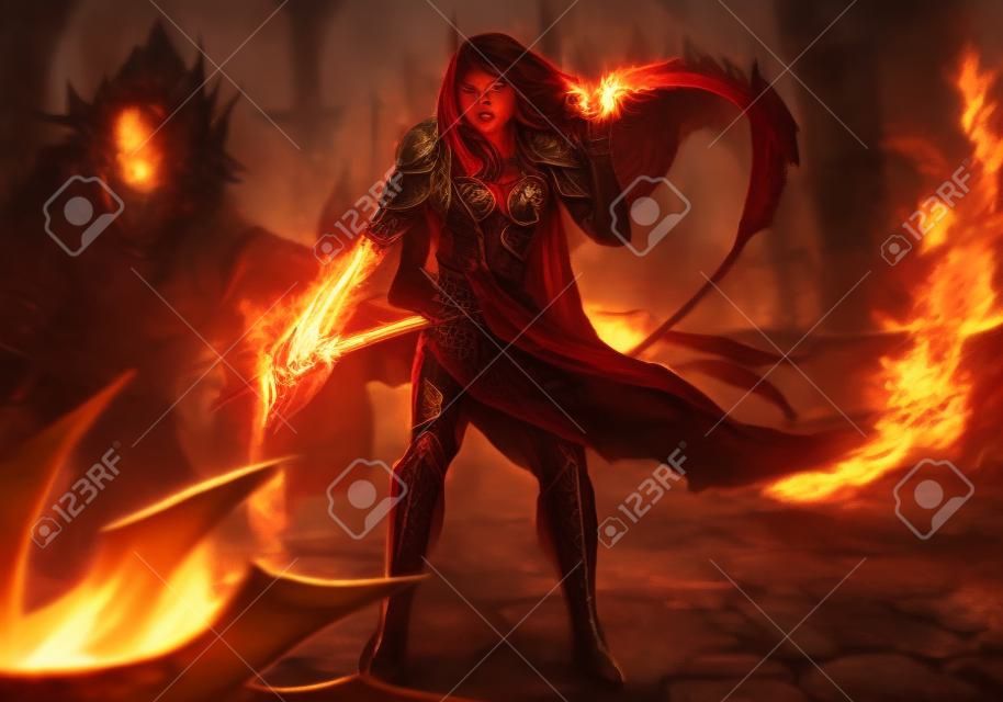 Fantasy Warrior femme attaque avec des chaînes de feu mesures illustration