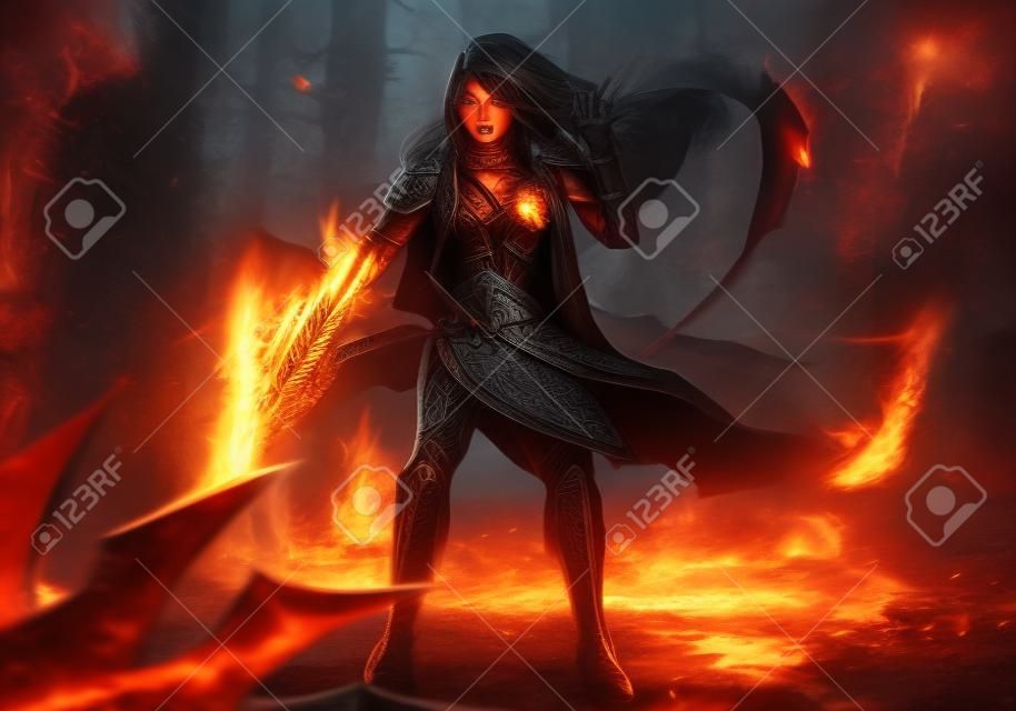 Fantasie krijger vrouw aanval met brand kettingen actie illustratie