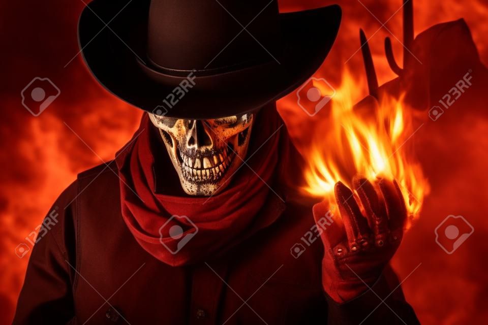 Foto de uma cabeça de crânio demoníaco cowboy em chapéu segurando feitiço de fogo com o braço em um fundo do deserto do pôr do sol.