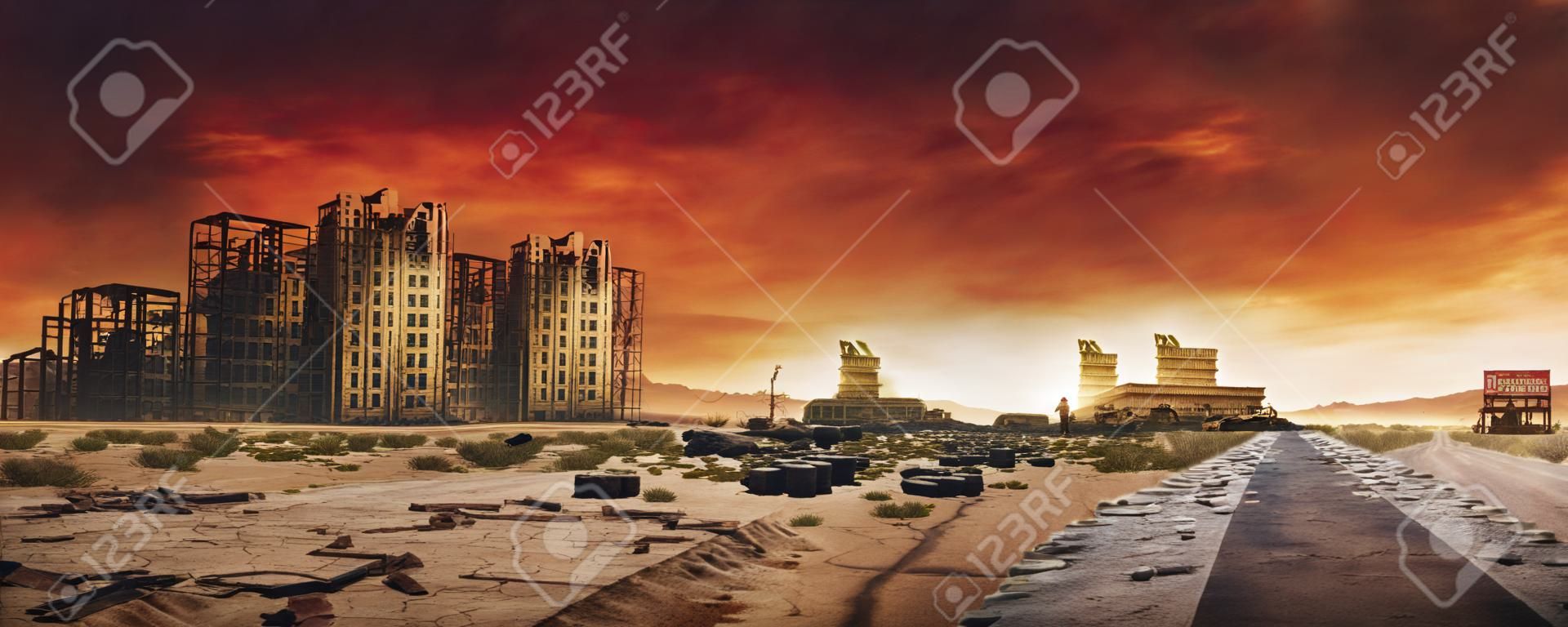 放棄され破壊された建物、ひびの入った道路と標識のある砂漠都市の荒れ地の終末論的な背景画像の夕方。