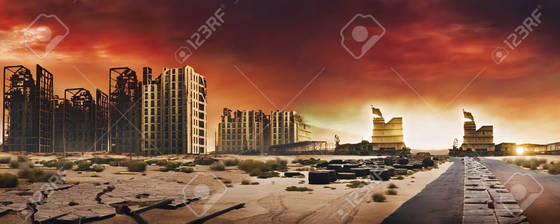 Imagem de fundo pós-apocalíptica da cidade deserta com buidings abandonados e destruídos, estrada rachada e sinal.
