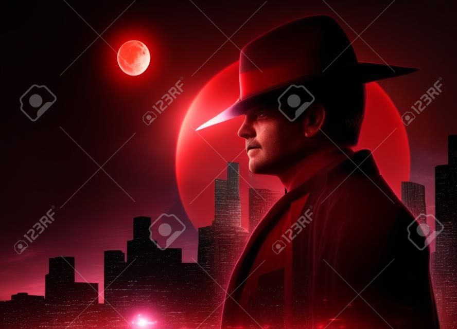 3D renderowanie portretu profilu ilustracja detektywa mężczyzny w kapeluszu na czerwonym kolorowym pejzażu miejskim z błyszczącym tłem księżyca.