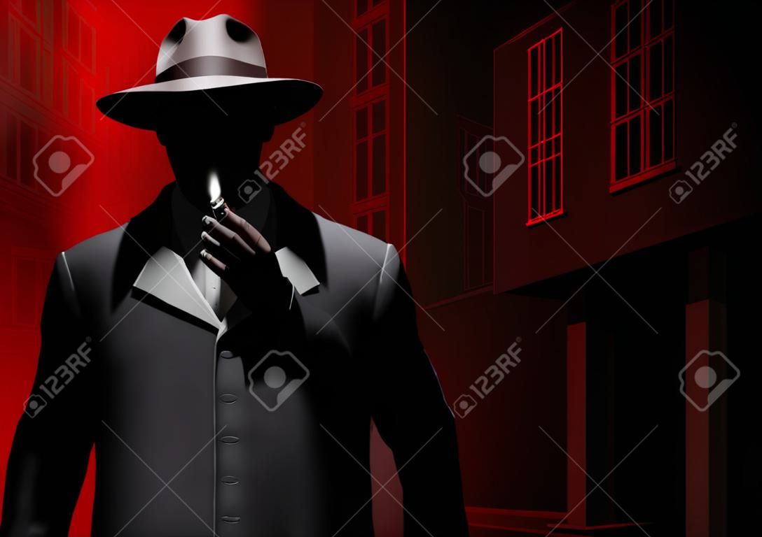 ネオンの赤い通りの夜の背景に立って喫煙しているスーツと帽子のノワールスタイルの探偵またはギャングの男性の3dレンダリングイラスト。