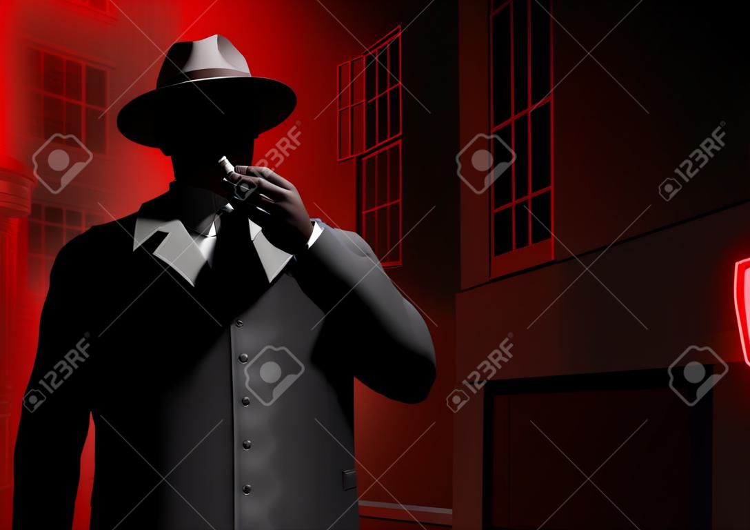ネオンの赤い通りの夜の背景に立って喫煙しているスーツと帽子のノワールスタイルの探偵またはギャングの男性の3dレンダリングイラスト。