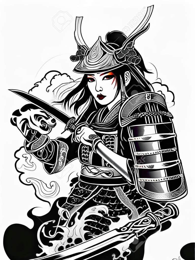 japońska samuraj dziewczyna w stroju wojennym, katana
