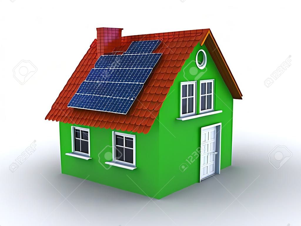 Simple green house with solar panels on the roof. 3d rendered bitmap