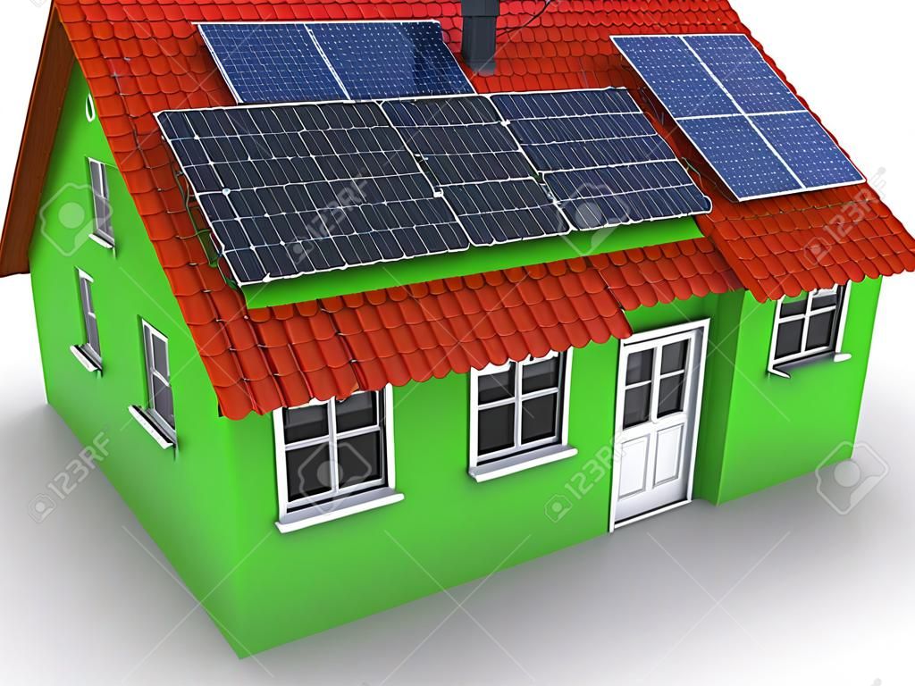Simple green house with solar panels on the roof. 3d rendered bitmap