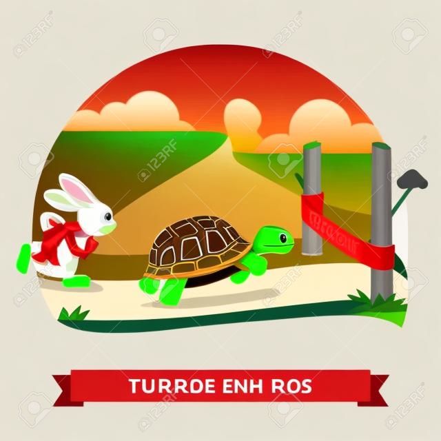 De Tortoise en de Haas. Schildpad en konijn racen samen om te winnen. Eindig lijn rood lint. Platte stijl vector illustratie geïsoleerd op witte achtergrond.