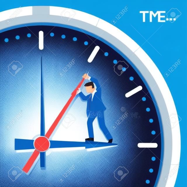 Homem em terno de negócios tentando parar o tempo. Parando a mão minuto em um grande relógio na parede. Imortalidade e conceito de prazo de negócios. Ilustração vetorial estilo plano no fundo azul.