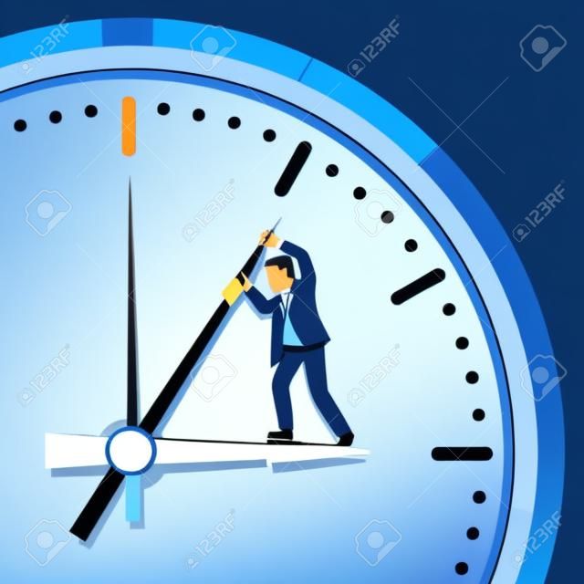 Man in business suit trying to stop time. Stopping minute hand on a big clock on the wall. Immortality and business deadline concept. Flat style vector illustration on blue background.