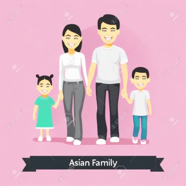 亚洲家庭走在一起，双手扁平的风格矢量插图白色背景隔离