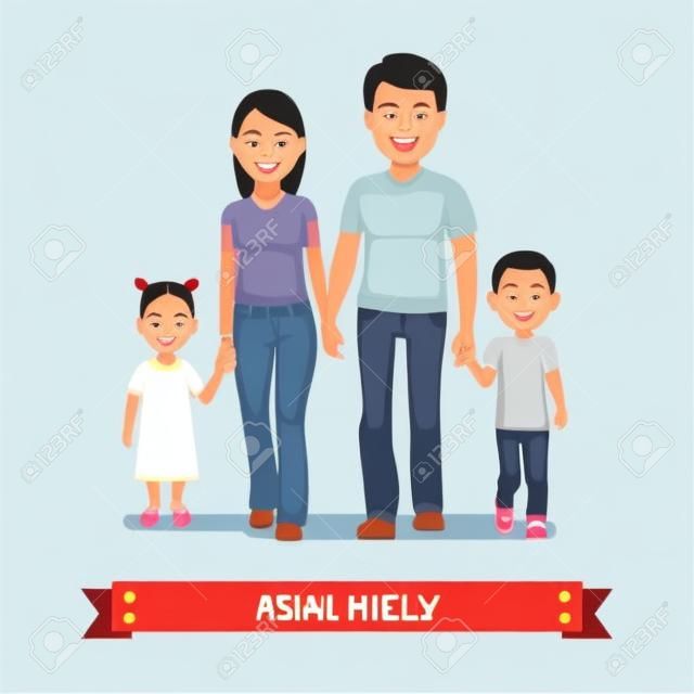 Ázsiai családi séta együtt, és kézen fogva. Lapos stílus vektoros illusztráció elszigetelt fehér háttérrel.