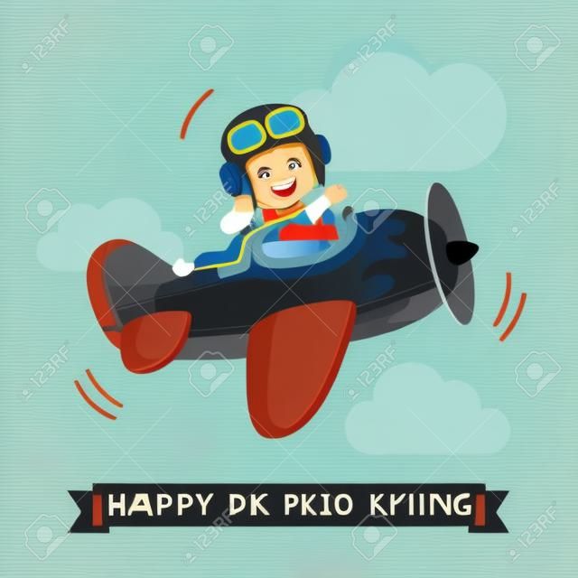 快乐微笑的孩子飞飞机像一个真正的飞行员在复古皮革飞行头盔平面风格的卡通矢量插图